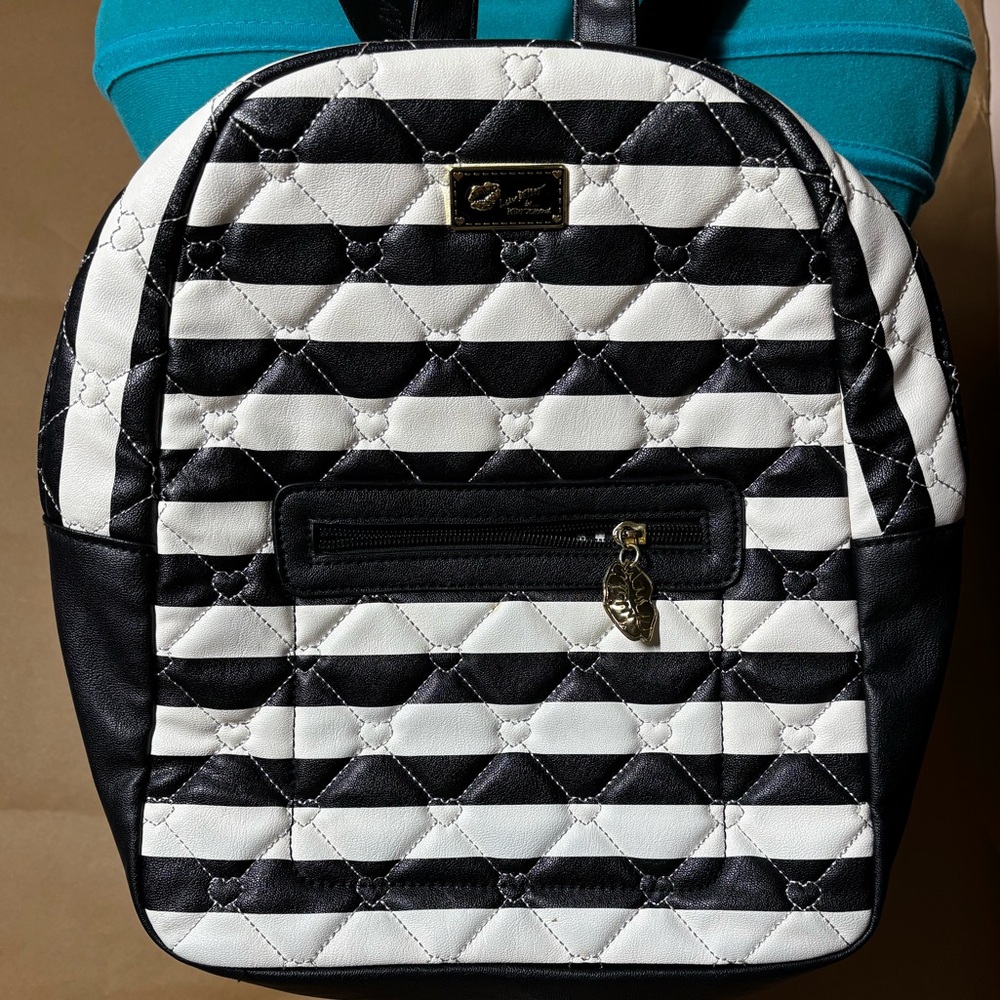 Betsey Johnson "Luv Betsey" Black & White Striped Lillie Quilted Mini Backpack